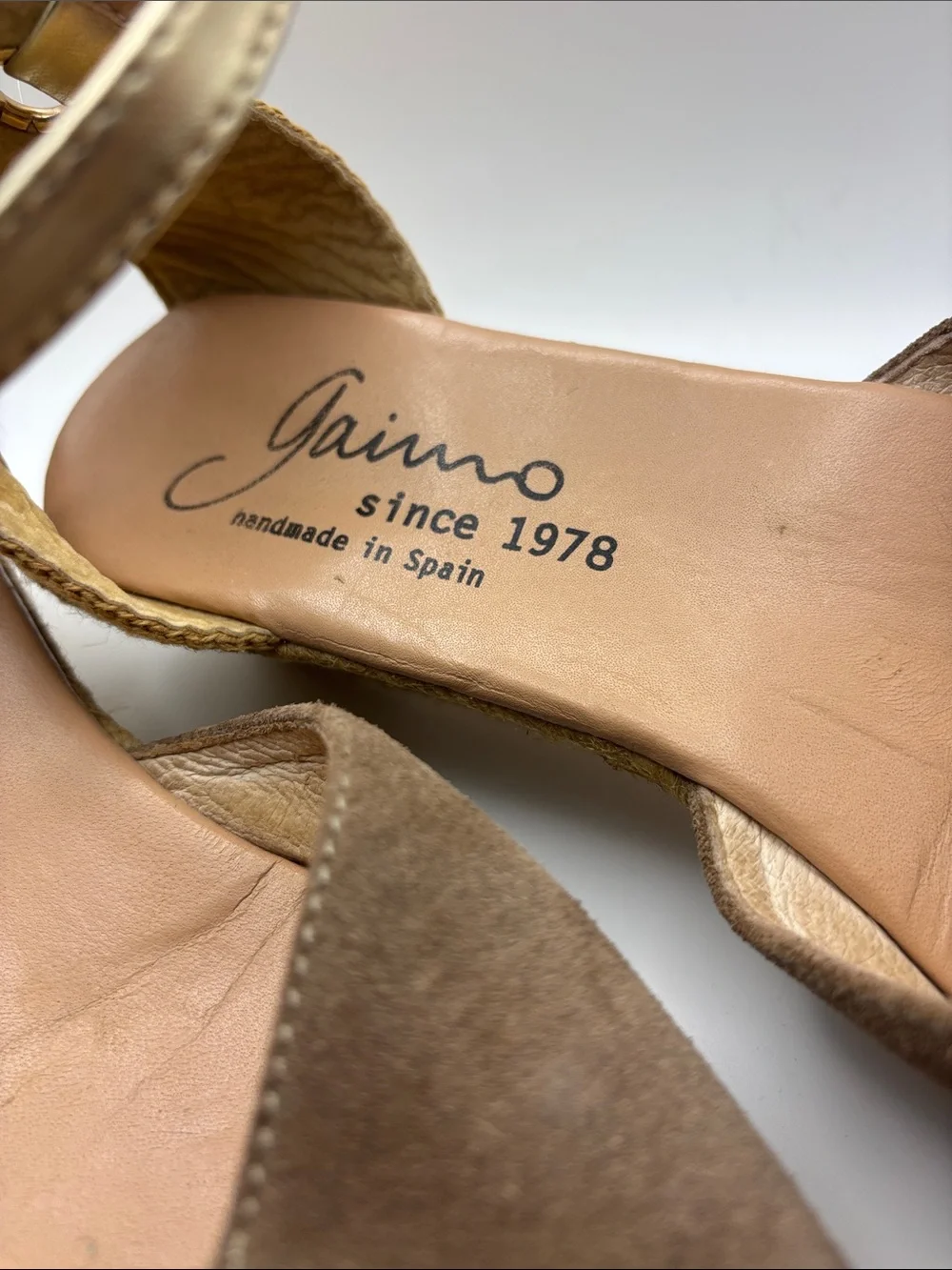 Gaimo Taupe Suede Espadrille Wedge with Gold Ankle Strap Size 40/9